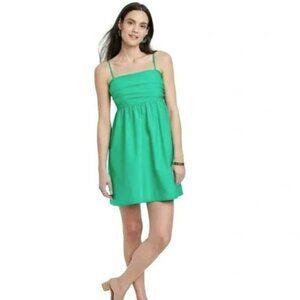 A New Day NWT Women's M Green Cotton Ruched Babydoll Smocked Mini Dress
